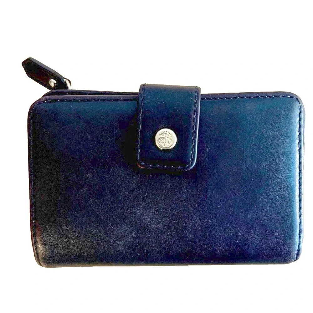 Vintage Brooks Brothers Men's Black Leather Tri Fold Wallet Zip Coin Pocket‎